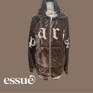 ESSUE Velour Paris Jacket Mocha Zip Up Oversized Hoodie Pockets SMALL